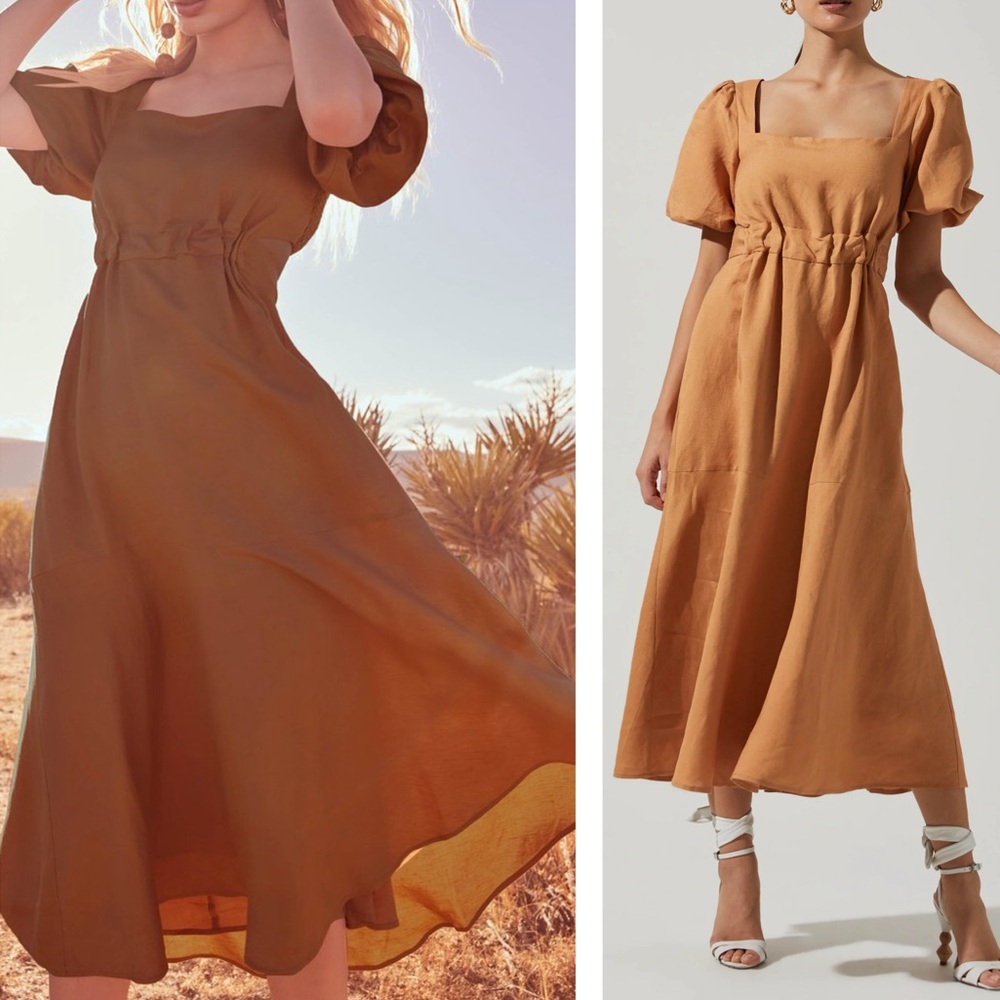 ASTR the Label NWT Linen Blend Angeles Caramel Smocked Tie Back Midi Dress Large